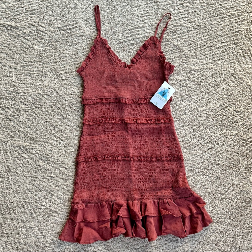 Olivaceous Rust Smocked Mini Dress